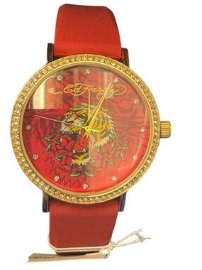 Ed Hardy Gold-Tone Watch with Red Tattoo Dial and Red Strap